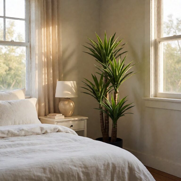4.5ft Artificial Yucca Plant - styled in a bedroom corner, styled lifestyle scene