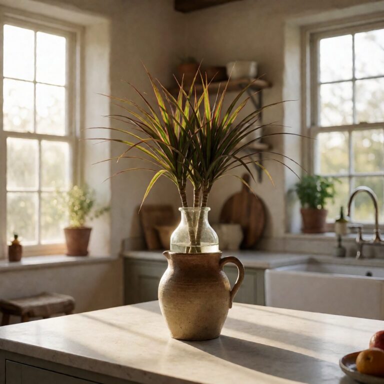 4.5ft Real Touch Dracaena Plant in Glass Vase - styled in a ceramic pitcher, styled lifestyle scene