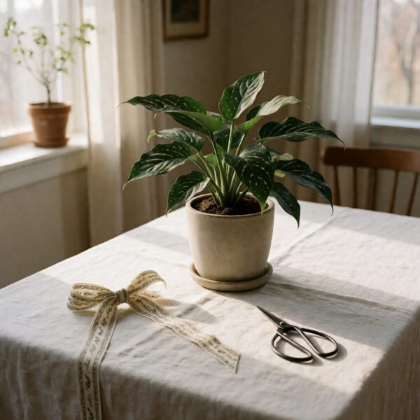 4.5ft Real Touch Plant - styled as a flat lay on linen, styled lifestyle scene