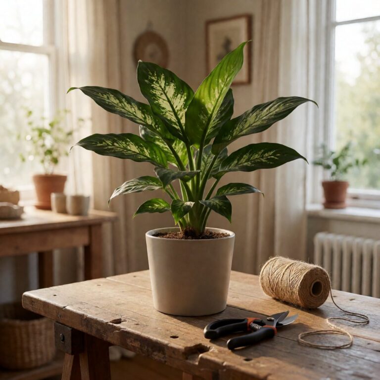42" Real Touch Dieffenbachia Plant - styled on a craft worktable, styled lifestyle scene