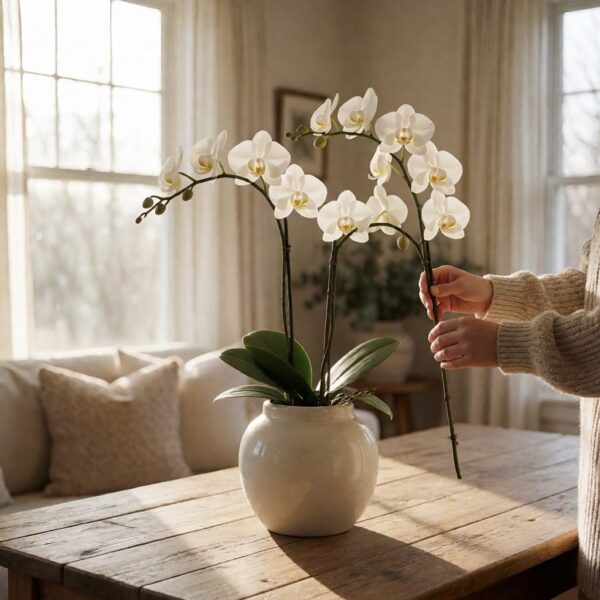 43" Real Touch Orchid Stem - White - held in hands ready to arrange, styled lifestyle scene