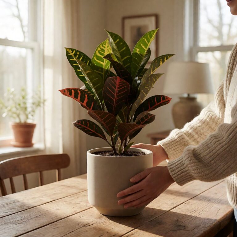 44" Real Touch Croton Plant in Planter - held in hands ready to arrange, styled lifestyle scene