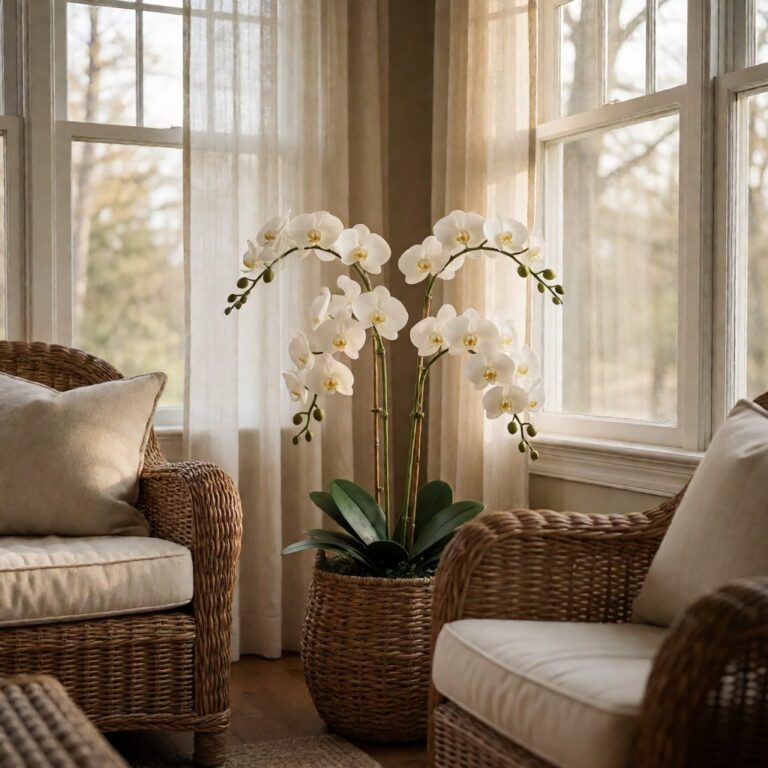 45" Artificial Orchid Plant - styled in a sunroom, styled lifestyle scene