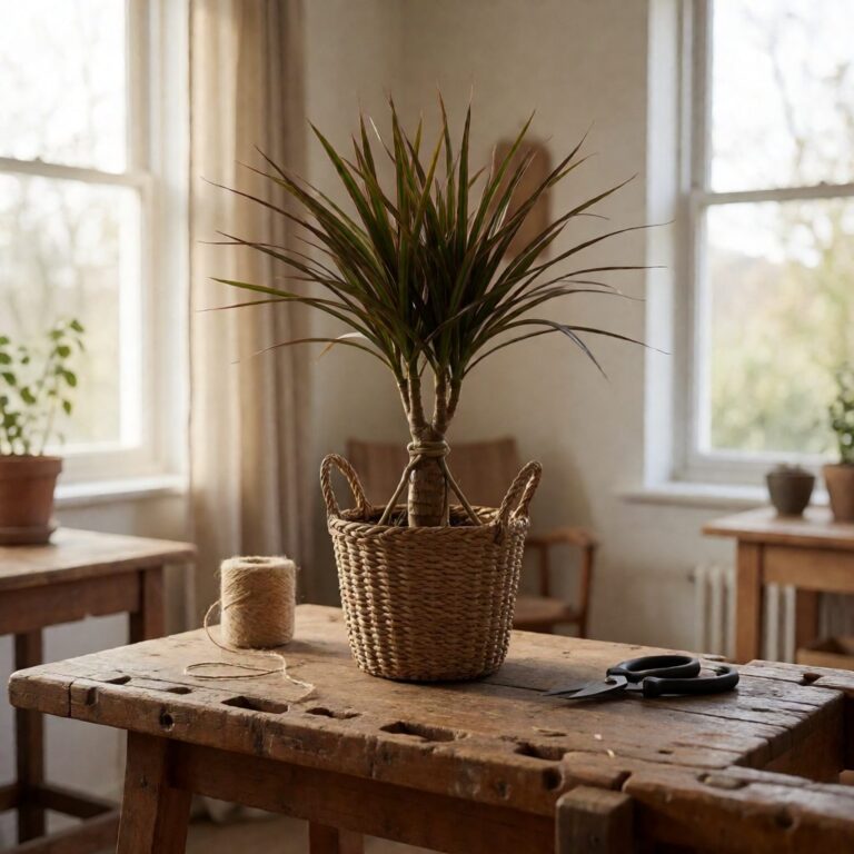 48" Real Touch Dracaena Plant in Basket - styled on a craft worktable, styled lifestyle scene