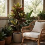 4ft Artificial Croton Plant in Planter - styled on a covered patio, styled lifestyle scene