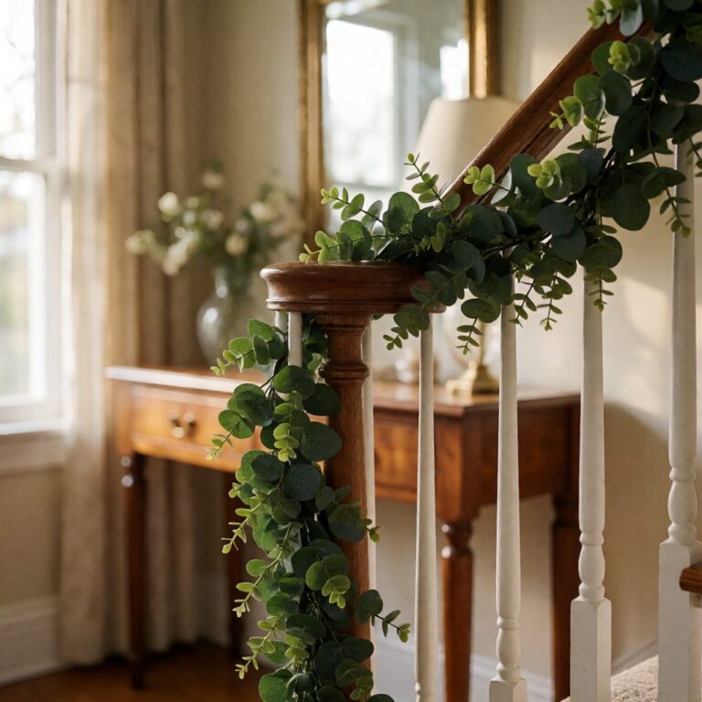 4ft Artificial Eucalyptus Garland for Mantel - Green - styled on a staircase banister, styled lifestyle scene