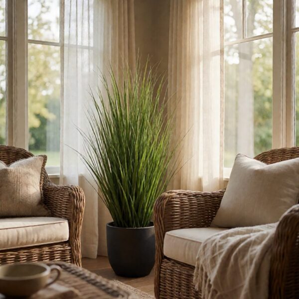 4ft Artificial Grass Plant - styled in a sunroom, styled lifestyle scene