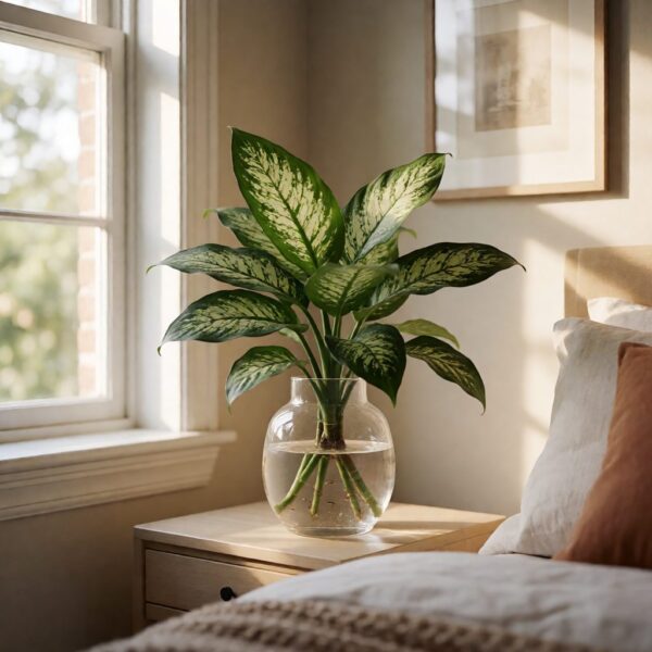 4ft Real Touch Dieffenbachia Plant - arranged in a vase on a bedside table, styled lifestyle scene