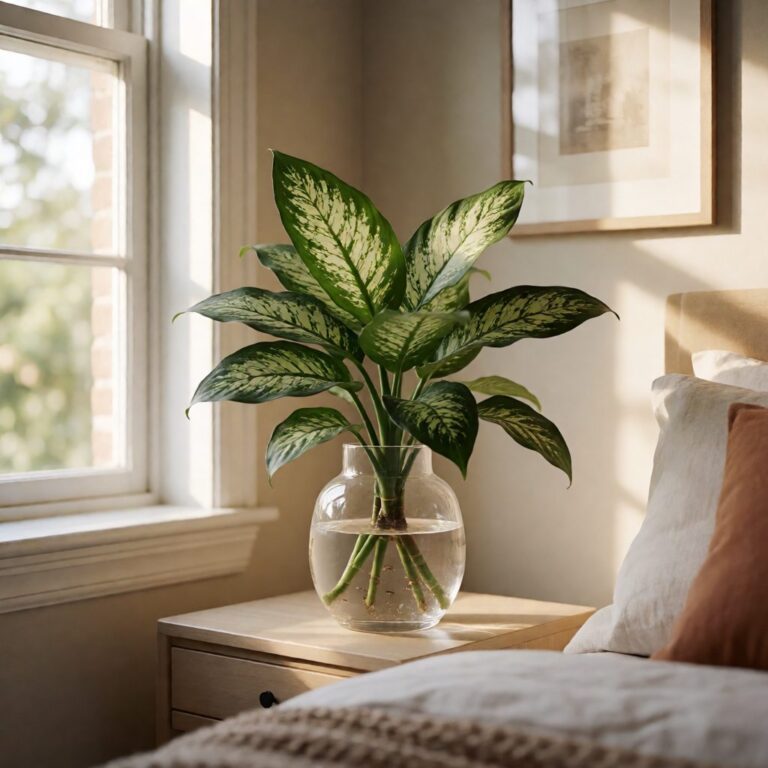 4ft Real Touch Dieffenbachia Plant - arranged in a vase on a bedside table, styled lifestyle scene