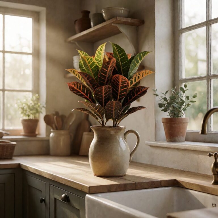 5.5ft Real Touch Croton Plant in Planter - styled in a ceramic pitcher, styled lifestyle scene
