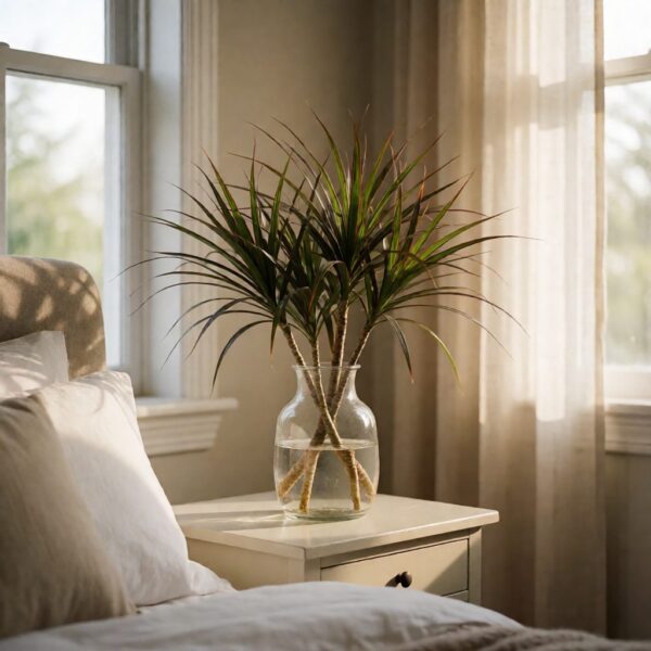 5.5ft Real Touch Dracaena Plant in Planter - arranged in a vase on a bedside table, styled lifestyle scene