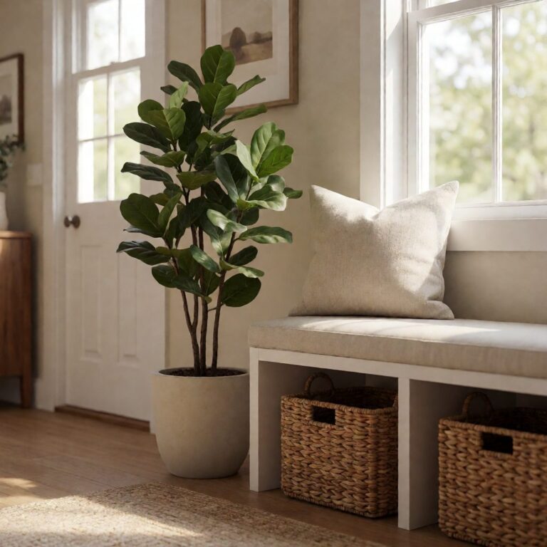 50" Artificial Plant in Planter - styled by an entryway bench, styled lifestyle scene