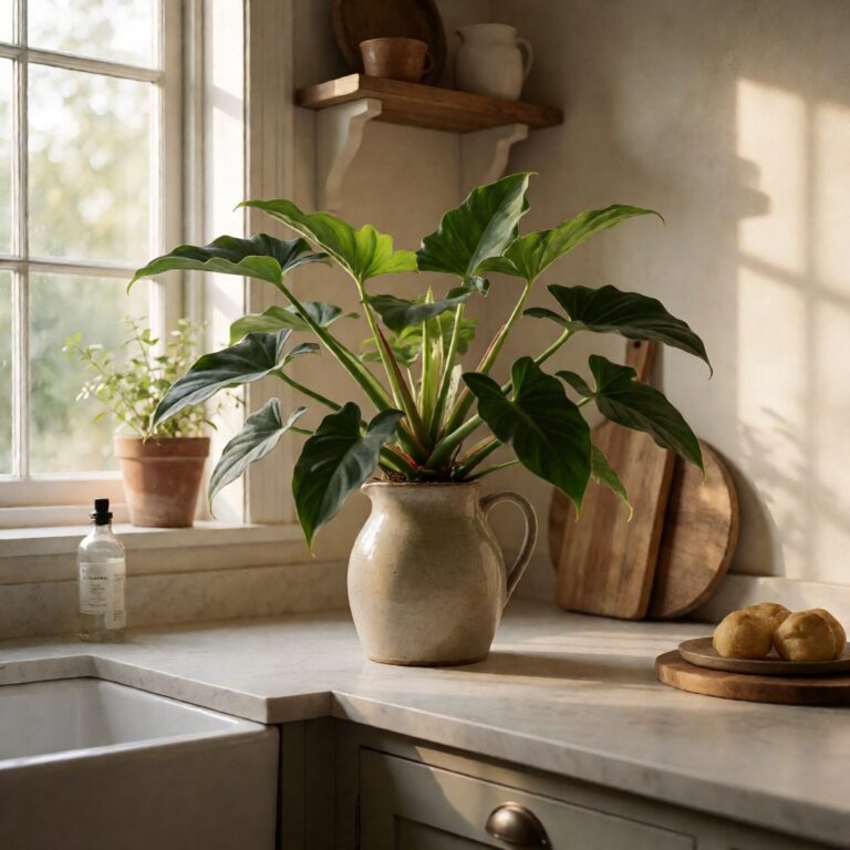 52" Real Touch Philodendron Plant - styled in a ceramic pitcher, styled lifestyle scene