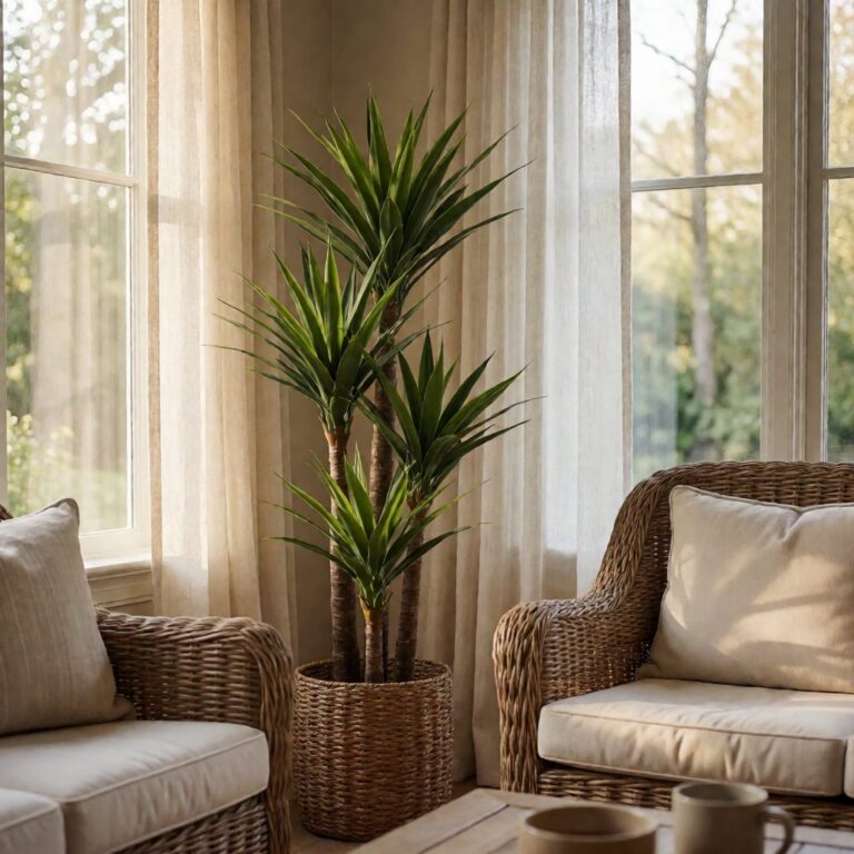 57" Artificial Yucca Plant - styled in a sunroom, styled lifestyle scene