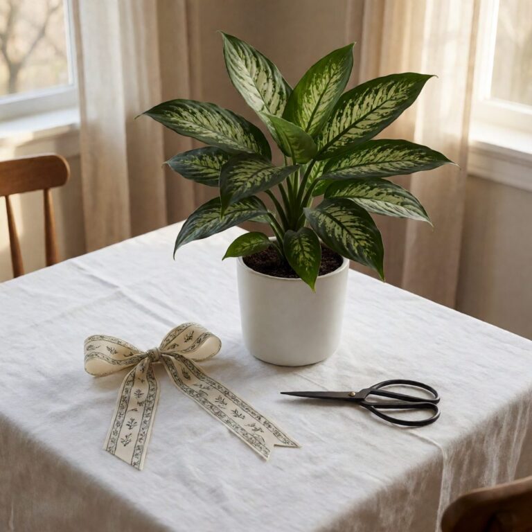 5ft Real Touch Dieffenbachia Plant - styled as a flat lay on linen, styled lifestyle scene