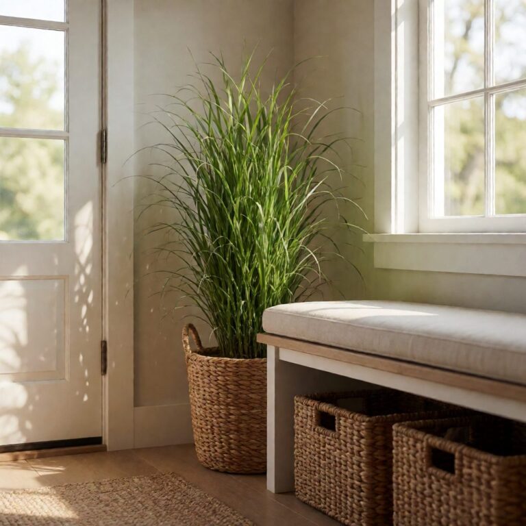 5ft Silk Grass Plant - styled by an entryway bench, styled lifestyle scene