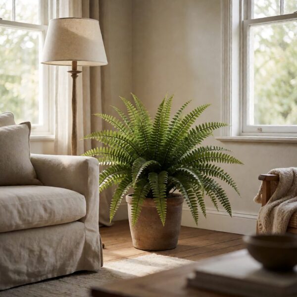 60" Artificial Boston Fern Plant - styled in a bright living room corner, styled lifestyle scene