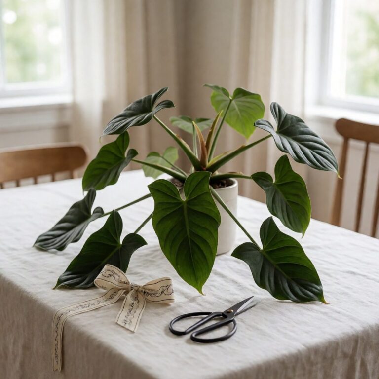 63" Real Touch Philodendron Plant - styled as a flat lay on linen, styled lifestyle scene