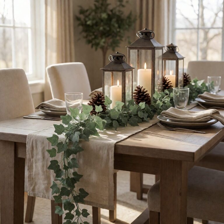 6ft Artificial Ivy Garland - Sage Green - styled along a dining table runner, styled lifestyle scene