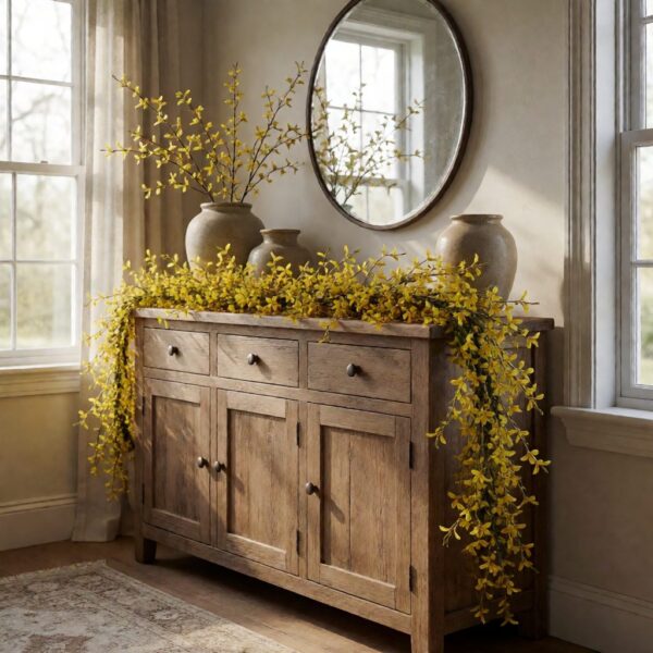 6ft Faux Forsythia Garland - Yellow - styled over a sideboard, styled lifestyle scene
