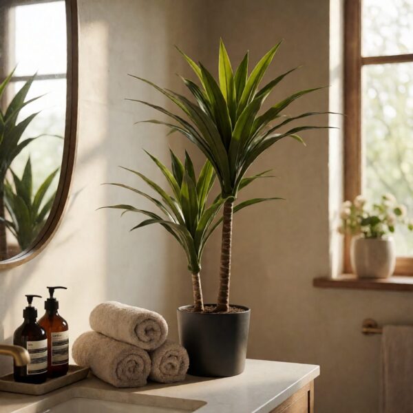 7ft Artificial Dracaena Plant - styled on a bathroom counter, styled lifestyle scene