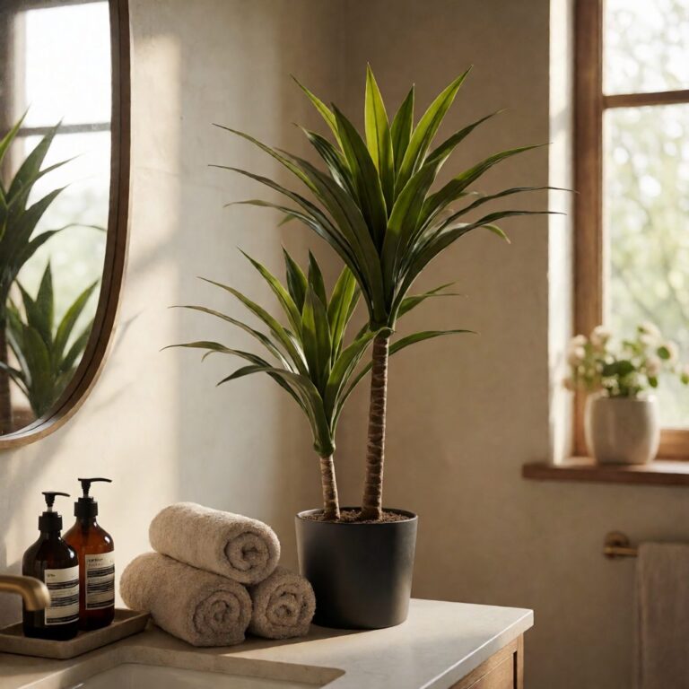 7ft Artificial Dracaena Plant - styled on a bathroom counter, styled lifestyle scene