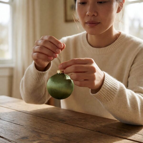 9" Silk Ornament Pick - Green - held in hands ready to arrange, styled lifestyle scene