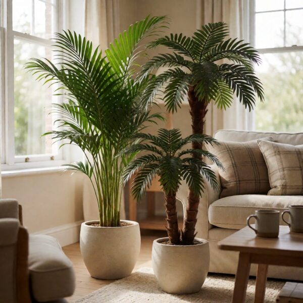 Areca & Palm Artificial Tree in Pot - styled next to a sofa in a bright living room, styled lifestyle scene