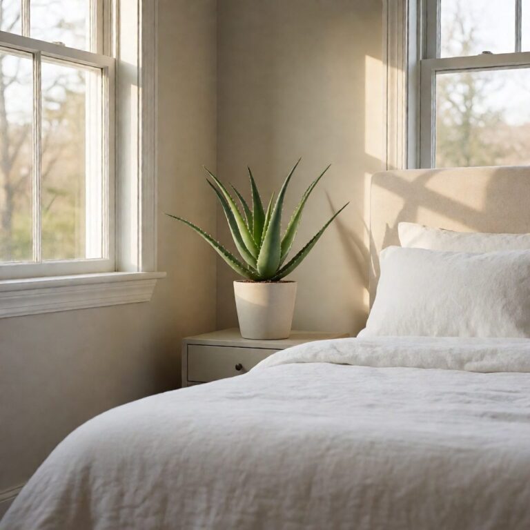 Artificial Aloe Plant - styled in a bedroom corner, styled lifestyle scene