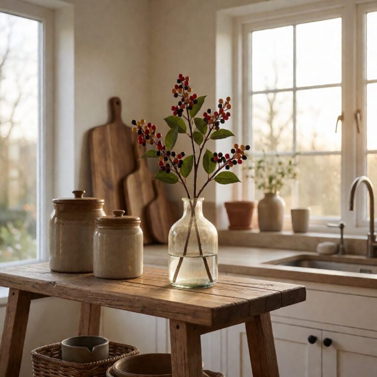 Artificial Berry Plant in Glass Vase - Multicolor - styled on a kitchen shelf, styled lifestyle scene