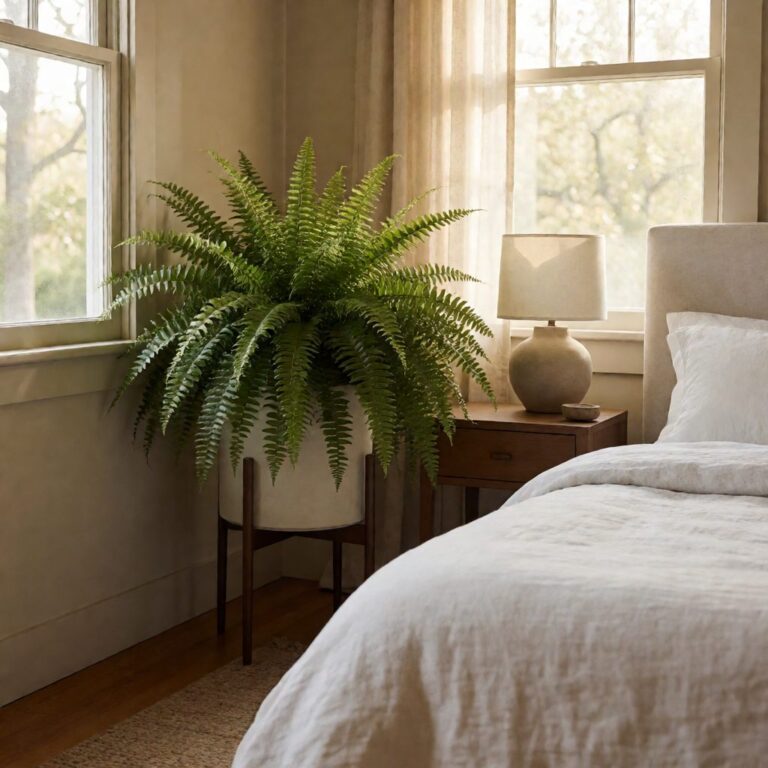 Artificial Boston Fern Plant in Planter - styled in a bedroom corner, styled lifestyle scene
