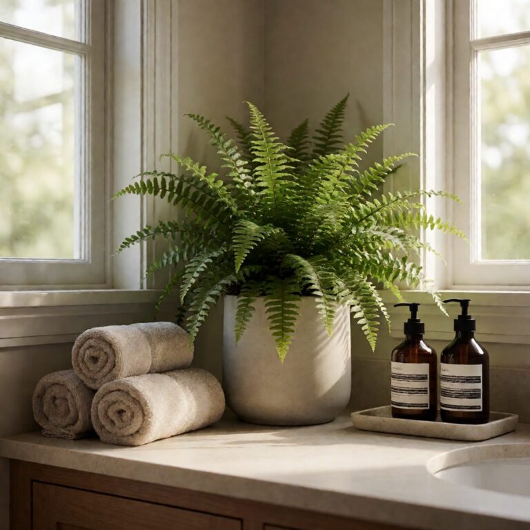Artificial Boston Fern Plant in Planter - styled on a bathroom counter, styled lifestyle scene