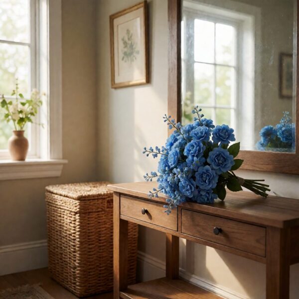 Artificial Bouquet - Blue - styled on an entryway console table, styled lifestyle scene