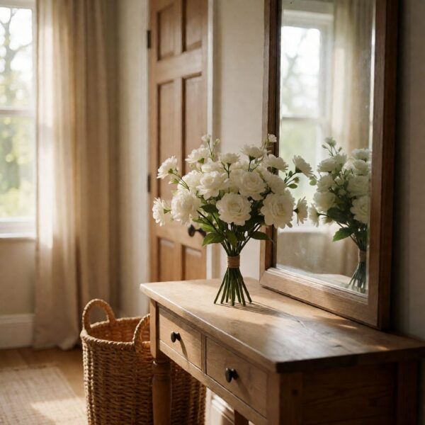 Artificial Bouquet - White - styled on an entryway console table, styled lifestyle scene