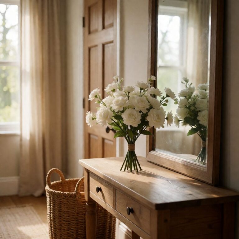 Artificial Bouquet - White - styled on an entryway console table, styled lifestyle scene
