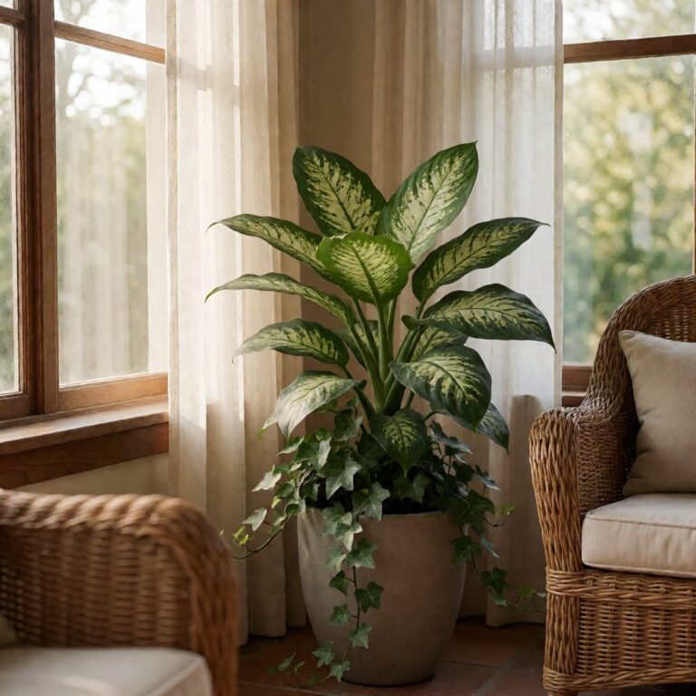 Artificial Dieffenbachia & Ivy Plant in Planter - styled in a sunroom, styled lifestyle scene