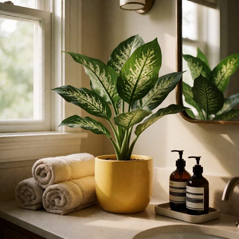 Artificial Dieffenbachia Plant in Planter - Yellow - styled on a bathroom counter, styled lifestyle scene