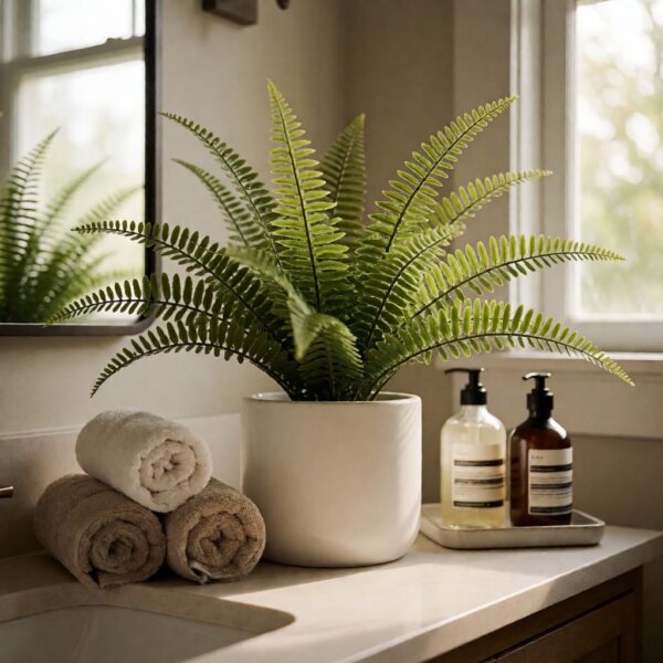 Artificial Fern Plant in Planter - White - styled on a bathroom counter, styled lifestyle scene