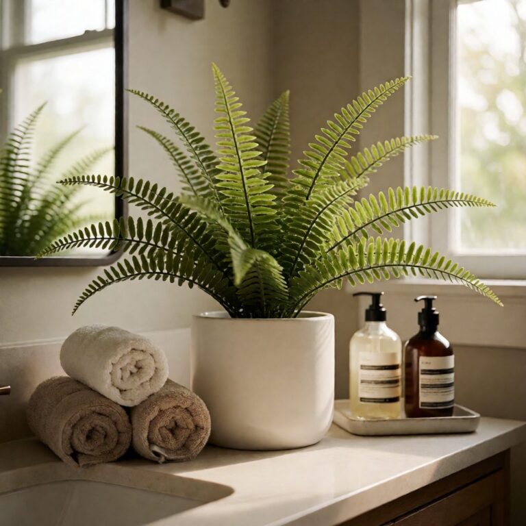 Artificial Fern Plant in Planter - White - styled on a bathroom counter, styled lifestyle scene