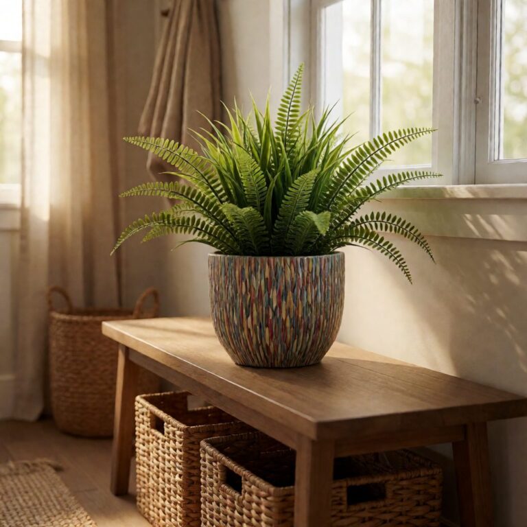 Artificial Grass & Fern Plant in Planter - Multicolor 2 - styled by an entryway bench, styled lifestyle scene