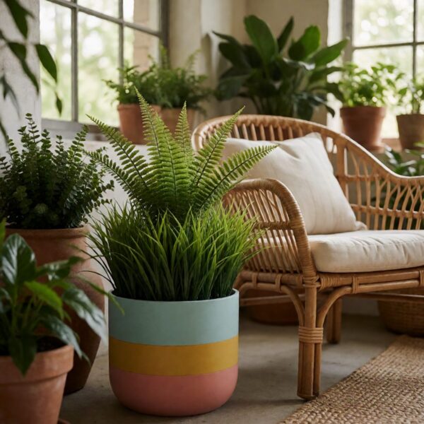 Artificial Grass & Fern Plant in Planter - Multicolor - styled on a covered patio, styled lifestyle scene