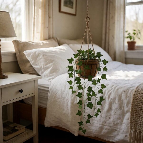Artificial Ivy Hanging Basket - styled in a bedroom corner, styled lifestyle scene
