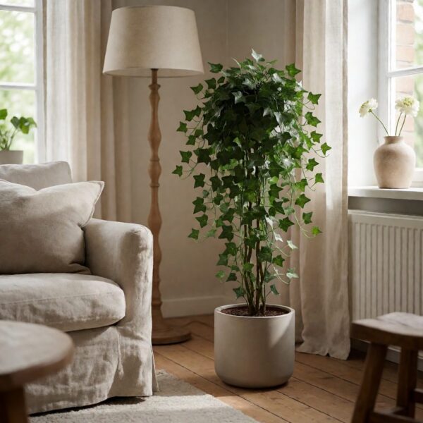 Artificial Ivy Plant in Planter - styled in a bright living room corner, styled lifestyle scene