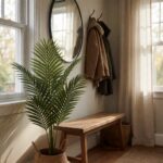 Artificial Palm Spray - Set of 6 - styled in an entryway foyer with a wooden bench, styled lifestyle scene