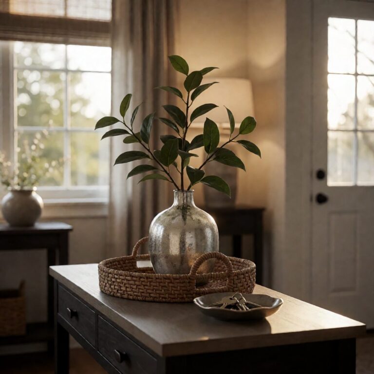 Artificial Plant in Glass Vase - Silver - styled on an entryway console table, styled lifestyle scene