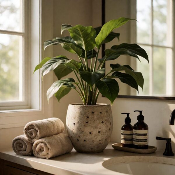 Artificial Plant in Planter - styled on a bathroom counter, styled lifestyle scene