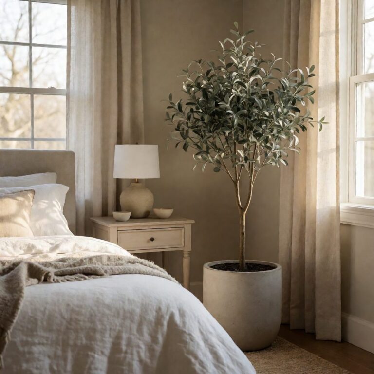Artificial Plant in Planter - Silver 2 - styled in a bedroom corner, styled lifestyle scene