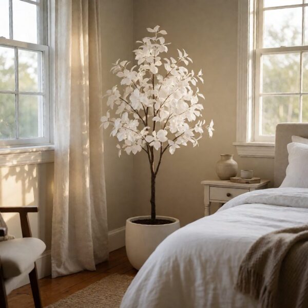 Artificial Plant in Planter - White - styled in a bedroom corner, styled lifestyle scene