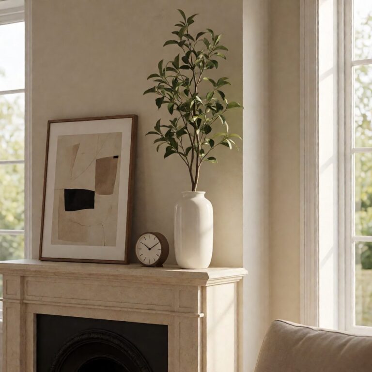 Artificial Plant in Tower Vase - White 2 - styled on a fireplace mantel, styled lifestyle scene