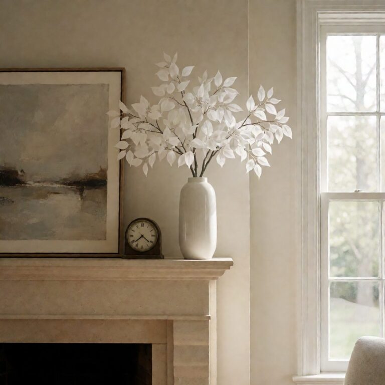 Artificial Plant in Tower Vase - White - styled on a fireplace mantel, styled lifestyle scene